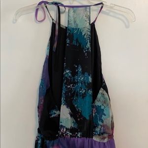 V neck halter ruffle self tie slit print maxi dress